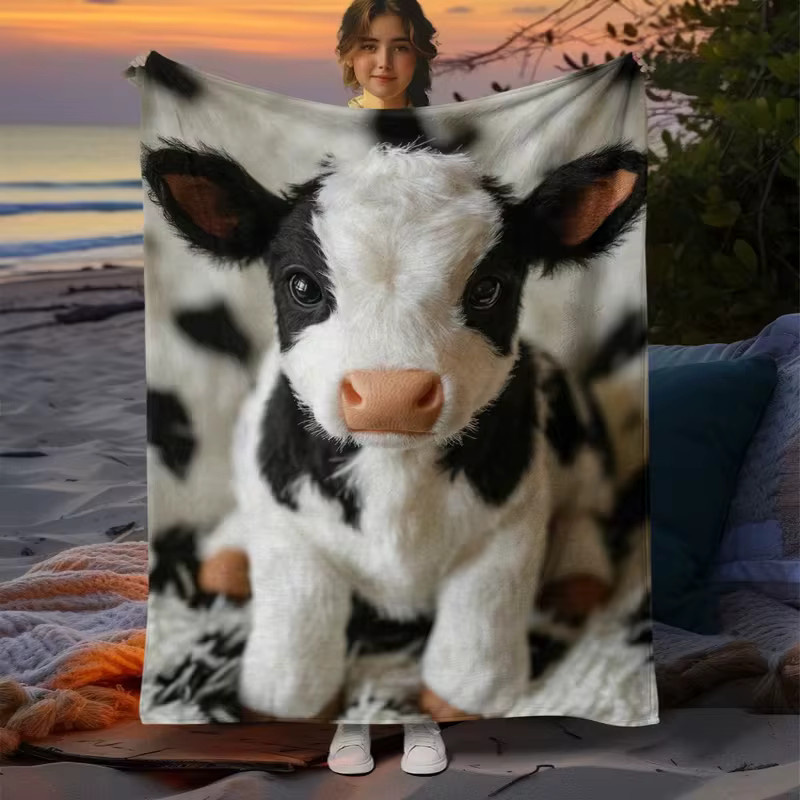 VIKAMA Kuschelige Kalb-Decke in Weiß, Weiche Tier-Style Überwurfdecke aus Polyester, B/T: 90 x 60 cm - Bild 2