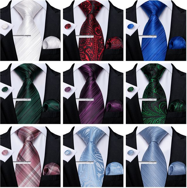 DiBanGu Herren-Krawatten-Set, Krawatte, Taschentuch, Manschettenknöpfe, rot, blau, Blumenmuster - Bild 1