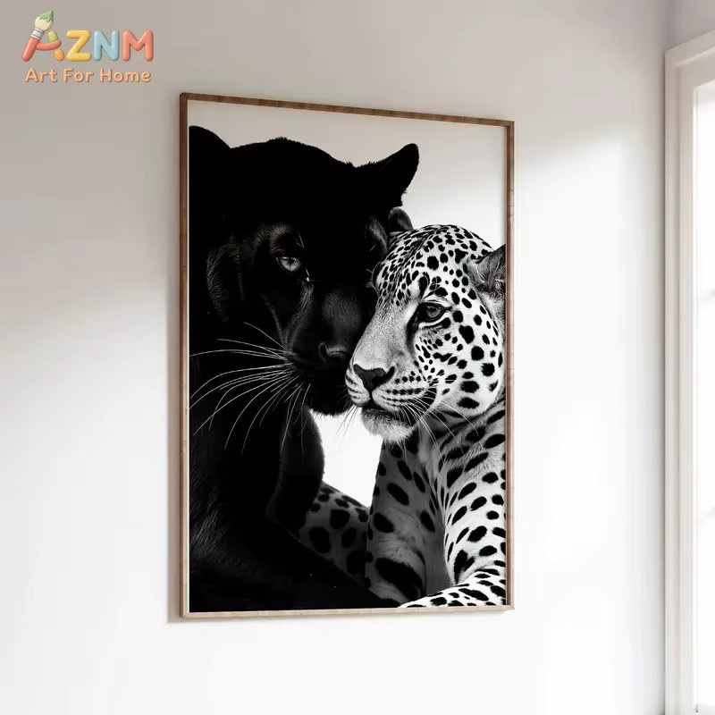 AZNM Wandkunstdruck Schwarzer Panther und Leopard als Leinwand-Wanddekoration in Schwarz-Weiß - Bild 4