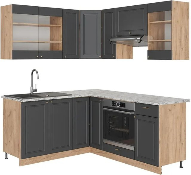 Vicco Fame-Line Eckküche in Anthrazit und Eiche im Landhausstil mit Marmor-Optik, B/T/H: 160 x 190 x 82 cm - Bild 1