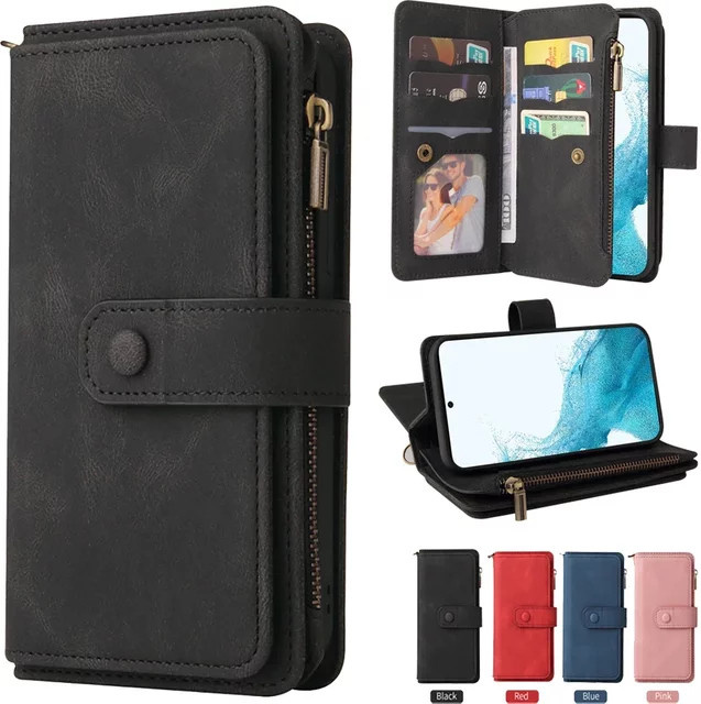 Xiaomi Brieftaschenhülle mit Reißverschluss für Redmi Note 13 Pro 14S 15 Pro Plus 14C 15C aus Leder in Rot und Schwarz mit 15 Kartenfächern - Bild 1