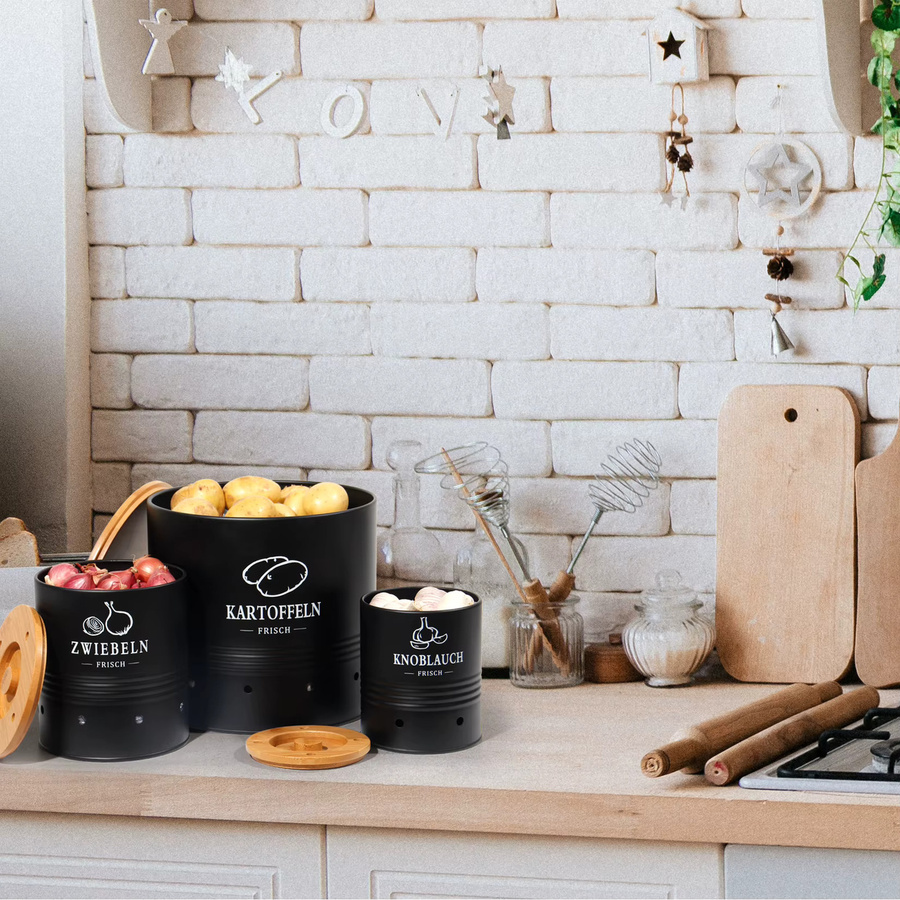SYLANDO Aufbewahrungsboxen Set für Kartoffeln, Zwiebeln und Knoblauch, 3er Set aus Metall mit Bambusdeckel und Belüftungslöchern, Schwarz - Bild 3