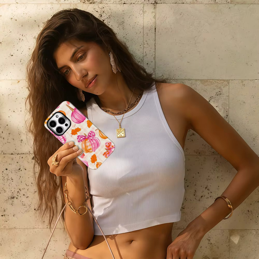 Potdemiel Handyhülle mit rosa Kürbis Plaid Design für iPhone 11 bis iPhone 16 Pro Max Plus in Pink - Bild 4