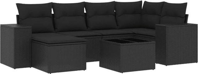 vidaXL 7-teilige Garten-Sofagarnitur in L-Form aus schwarzem Poly-Rattan mit UV-beständigen Kissen und pulverbeschichtetem Stahlgestell - Bild 1