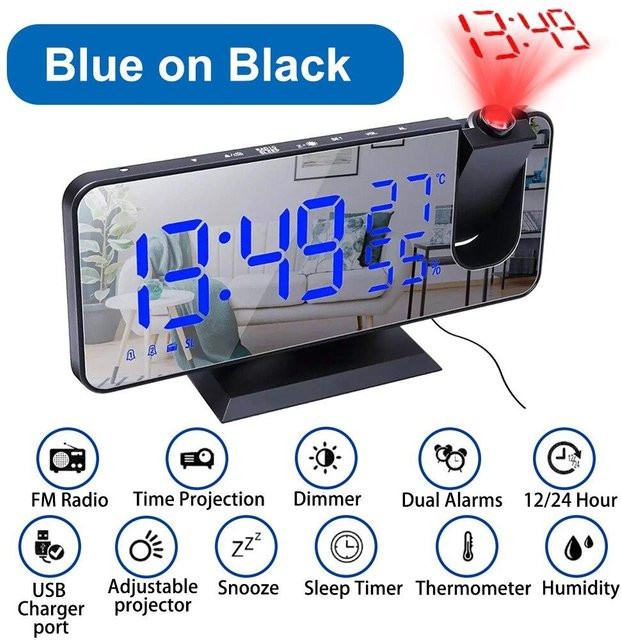 ZCXU LED Digital Projektionswecker mit FM-Radio in Schwarz und Blau - Bild 1
