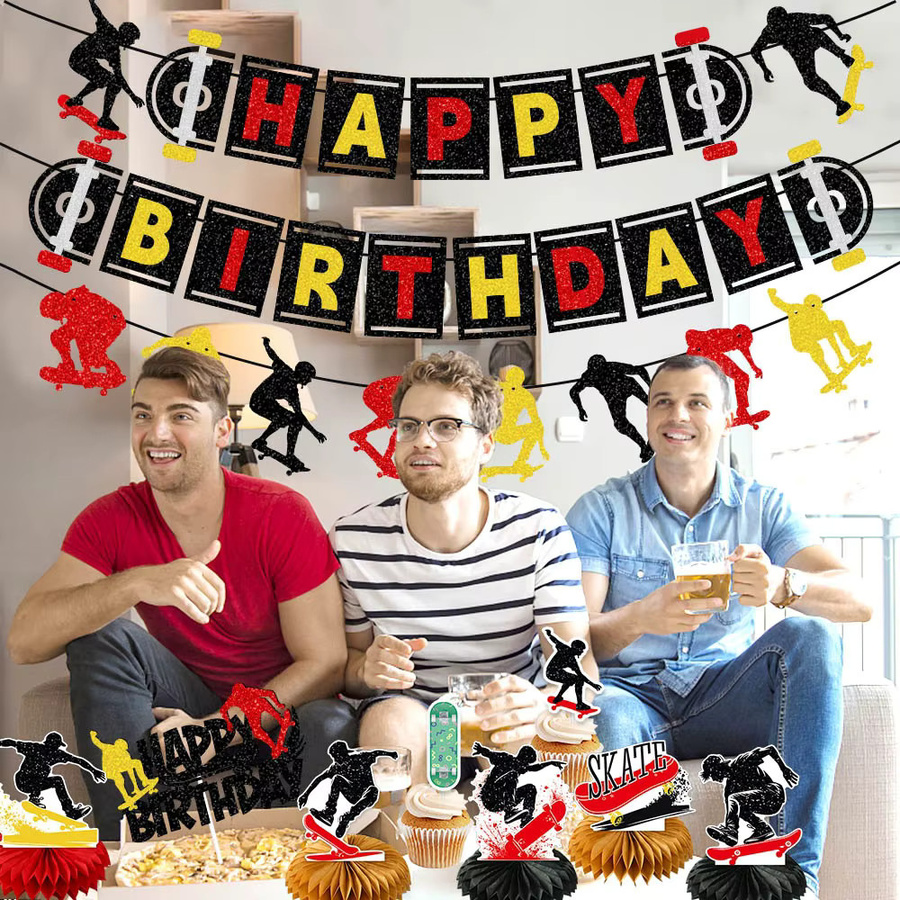 Sport Skateboard Geburtstag Banner und Kuchen Topper Set für Kinder, Mehrfarbiges Waben-Ornament aus Papier zur Partydekoration - Bild 2