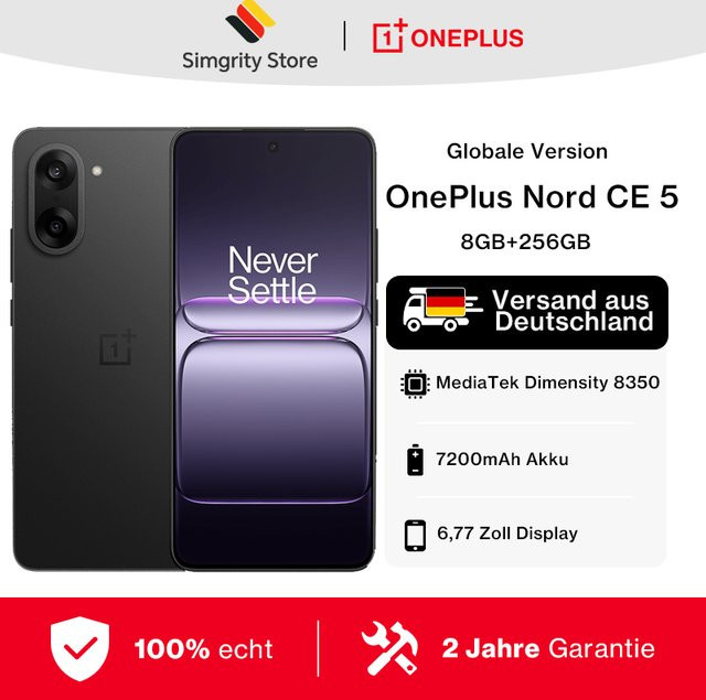 OnePlus Nord CE 5 Smartphone 5G, 256 GB, 8 GB RAM, MediaTek Dimensity 8350 Apex, 6,77 Zoll 120 Hz Display, 7100-mAh-Akku, 80 W SUPERVOOC, 50-MP-Kamera mit EIS/OIS, Android 15, WiFi 6, Schwarz - Bild 1
