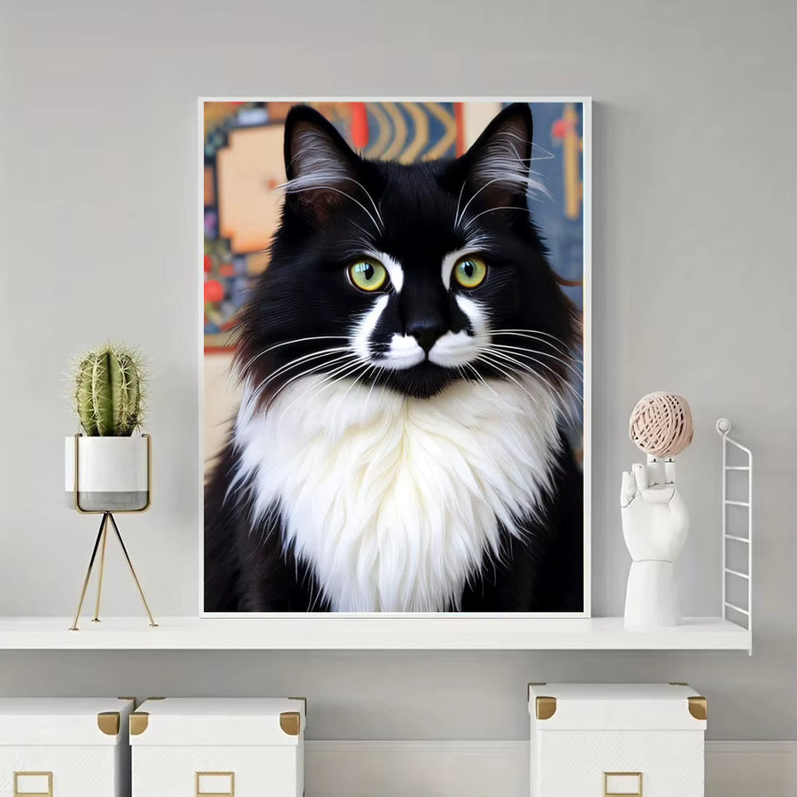HUACAN Diamantmalerei Set Schwarz-Weiß Katze Porträt 5D DIY Mosaik Bild mit runden Steinen B: 30,0 cm, H: 20,0 cm - Bild 4