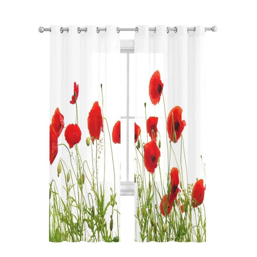 Yiran Furniture Transparente Tüllvorhänge Mohnfeld mit roten Blumen in Weiß, B: 135 cm, H: 115 cm - Bild 2