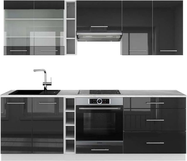 Vicco Fame-Line Küchenzeile in Anthrazit Hochglanz und Weiß mit Marmor-Optik, Breite: 235 cm - Bild 1
