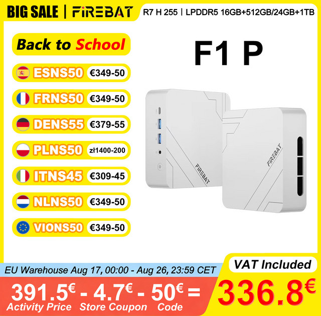 FIREBAT F1 P Mini PC Gaming Desktop mit AMD Ryzen 7 H, 16GB/24GB LPDDR5 5600MHz, 512GB/1TB SSD, Windows 11 Pro, Wi-Fi 6, Bluetooth 5.2 und USB 4.0, Weiß - Bild 1
