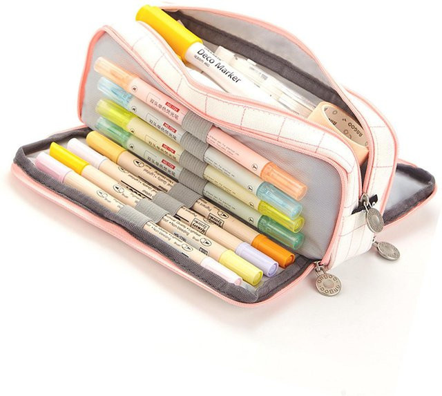 Wosawe Outdoor Sports Federmäppchen mit mehreren Fächern und doppelter Öffnung aus Canvas in Rosa Weiß und Beige - Bild 1