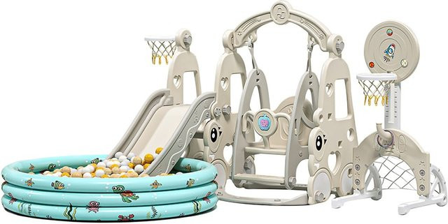Moni Kinderrutsche 6in1 Schaukel Basketballkorb Fußballfeld Planschbecken Musik grau - Bild 1