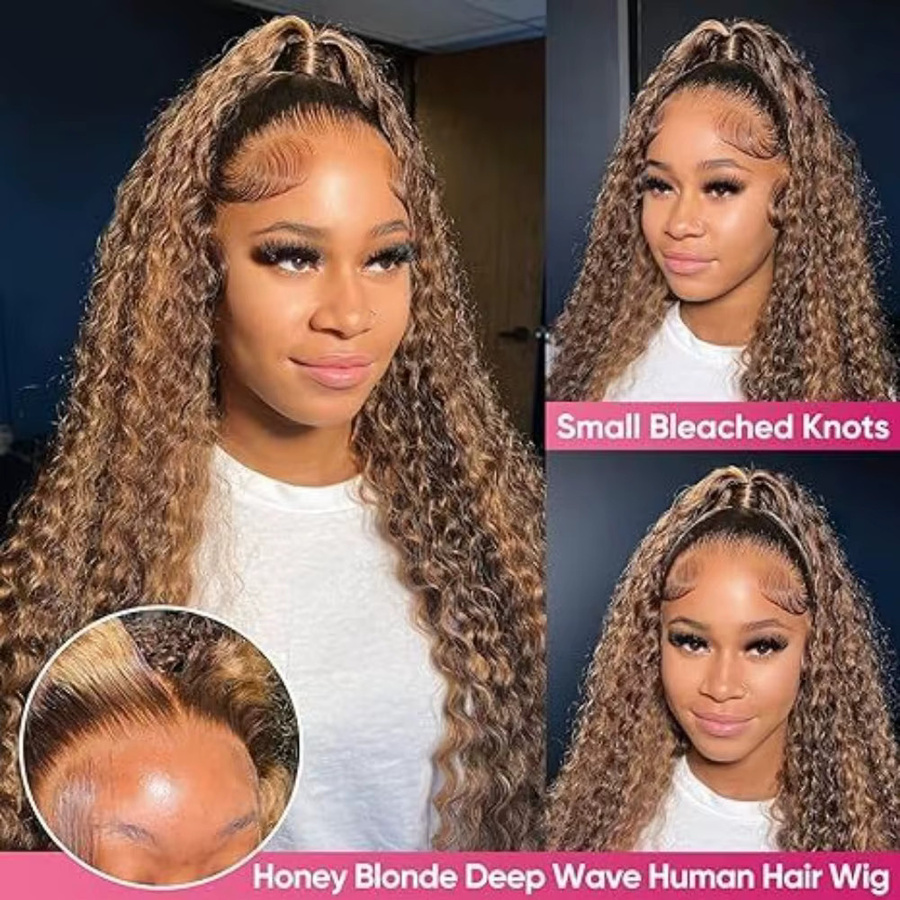Highlight Ombre Deep Wave Lace Front Perücke aus Echthaar, 26 Zoll, Honigblonde, 200% Dichte, Damen - Bild 4