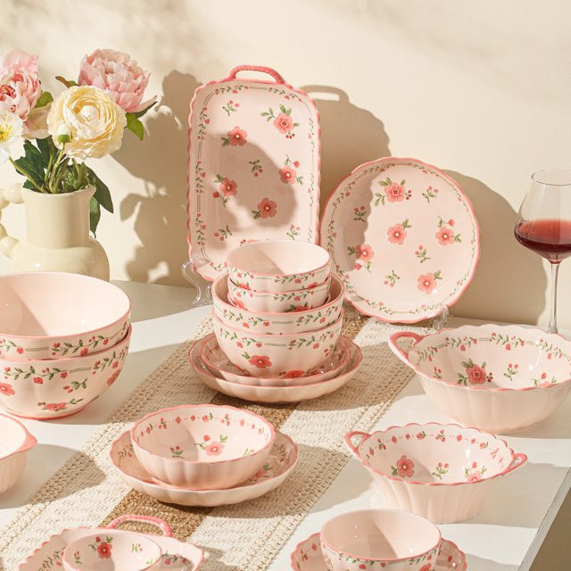 LingAo Keramikschüssel und Fischteller Set mit floralem Muster in Rot und Pink - Bild 1