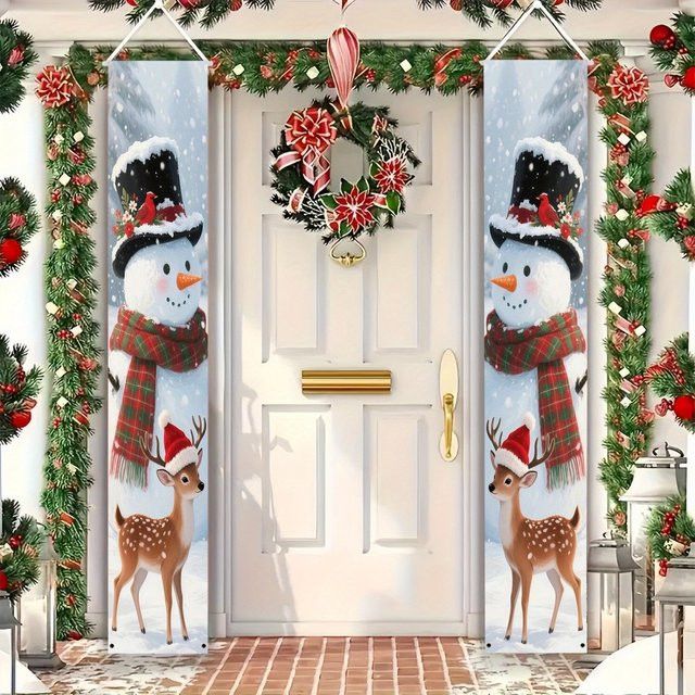 VIKAMA Weihnachtsbanner Winterpartydekoration mit Schneemann und Rentier aus Polyester, 2D-Willkommensschild für Weihnachten und Neujahr, Breite: 180 cm, Höhe: 30 cm - Bild 1