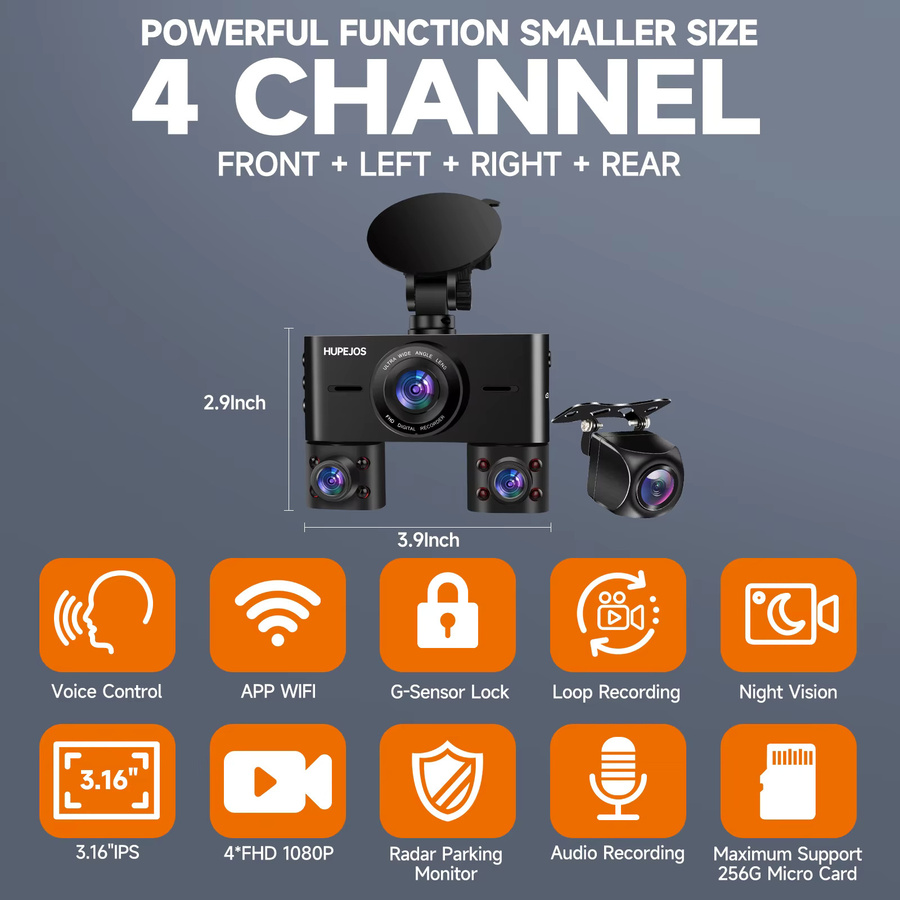 HUPEJOS V7-4CH Dashcam mit 360° Sicht, Front und Heck, FHD 1080p, WLAN, WDR, Nachtsicht, Sprachsteuerung und 24-Stunden-Parkmodus, Schwarz - Bild 2