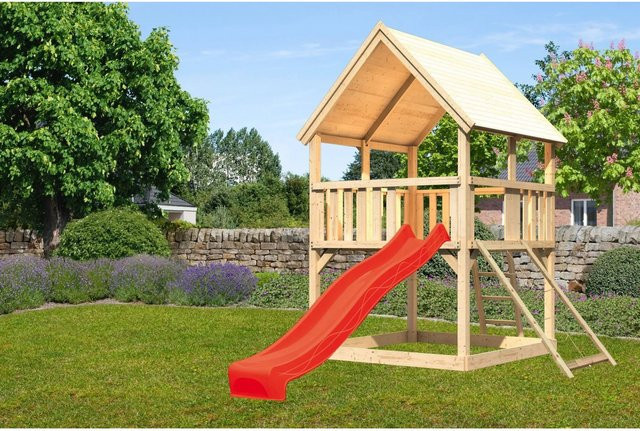 Karibu Spielturm Luis Satteldach Netzrampe Rutsche Rot - Bild 1