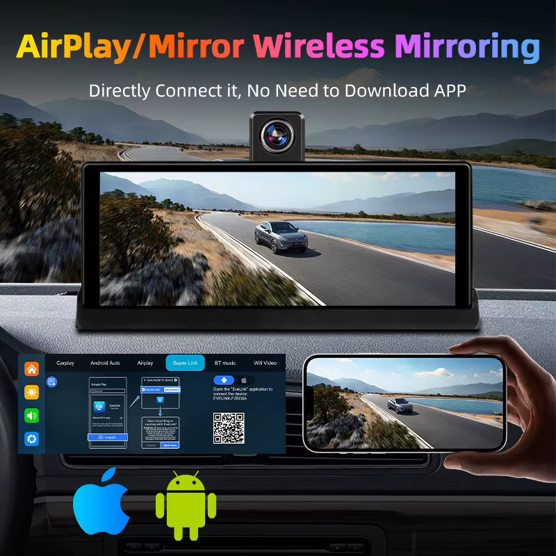 Jansite 4K Dashcam mit 10,26 Zoll Display, kabellosem CarPlay und Android Auto, GPS-Navigation und 350 Grad drehbarer Linse, Rückfahrkamera, Schwarz - Bild 5