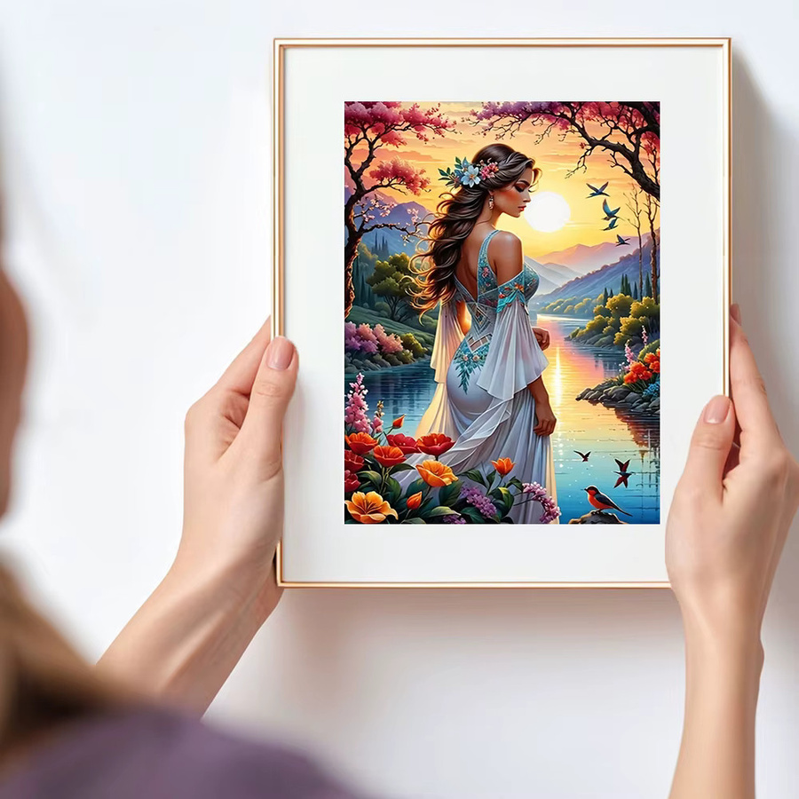 Huacan 5D-Diamantgemälde Lady Sunset River Porträt als Diamantmosaik zum Selbermachen, Mehrfarbig, B/H: 20 x 30 cm - Bild 3