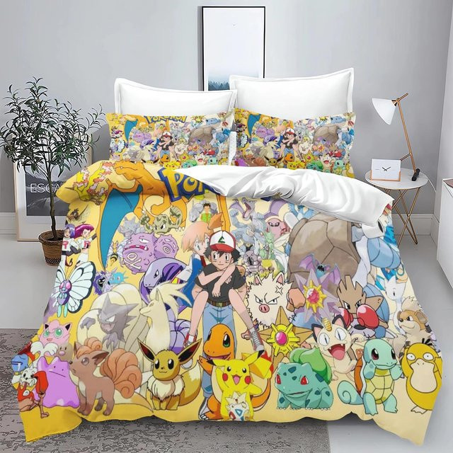 Pokémon Pikachu Serie Bettwäsche Set mit Cartoon Druck aus Mikrofaser, Bettbezug und Kissenbezug, Mehrfarbig, King Size, Bettbezug Breite: 260 cm, Tiefe: 240 cm, Kissenbezug Breite: 175 cm, Tiefe: 220 cm - Bild 1