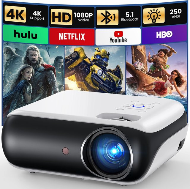 HAPPRUN Native 1080P Bluetooth-Projektor in Weiß mit Full-HD-Auflösung, integriertem Lautsprecher sowie HDMI und USB-Anschluss - Bild 1