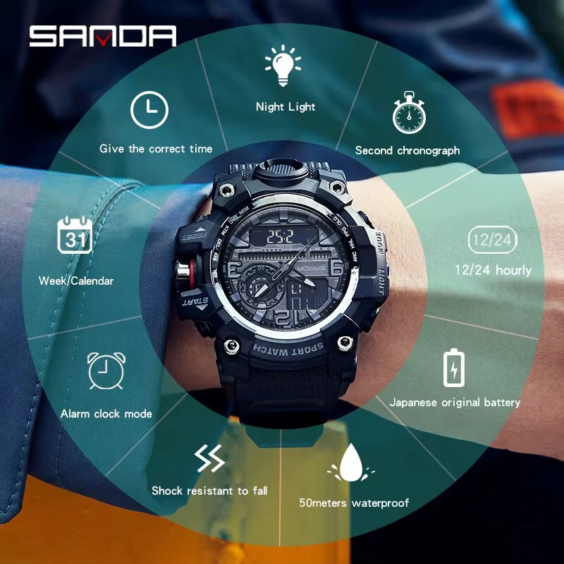 Sanda Digitaluhr, Quarz, Kunststoff, Schwarz, Herren - Bild 4