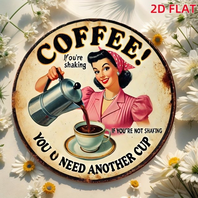 Potdemiel 2D Flat Wandkunst aus Metall im Vintage-Kaffee-Stil, rundes Retro-Dekor mit Barista-Design, Mehrfarbig, Durchmesser: 20 cm - Bild 1
