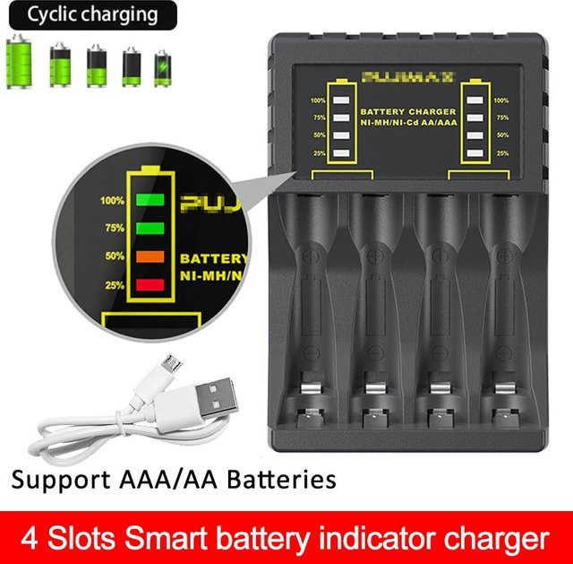 VORTNGLE AA/AAA-Batterieladegerät mit 4 Steckplätzen, intelligentes LED-Display und USB-C Anschluss, Schwarz - Bild 1
