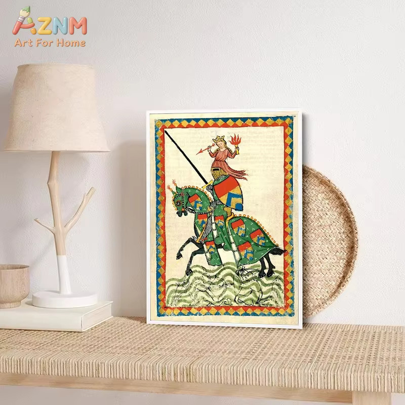 AZNM Leinwanddruck Mittelalterliches Kunstposter Liebende auf Pferden in Multicolour als Retro Wandbild - Bild 2