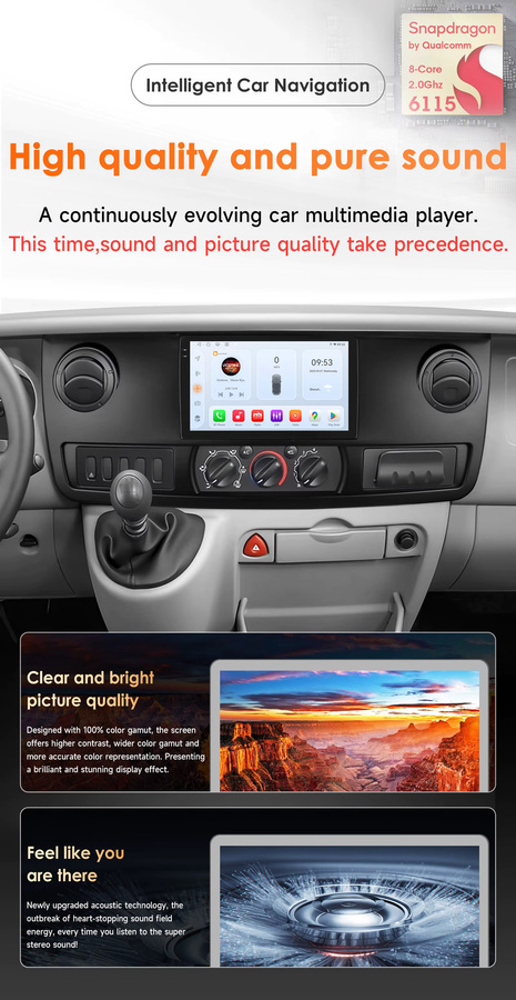 OSSURET Android 14 Autoradio für RENAULT MASTER 2003-2011 mit 10,1 Zoll Display, Qualcomm Snapdragon 6115 Octa-Core, GPS-Navigation, Bluetooth, Wireless Carplay und Android Auto, Schwarz - Bild 2