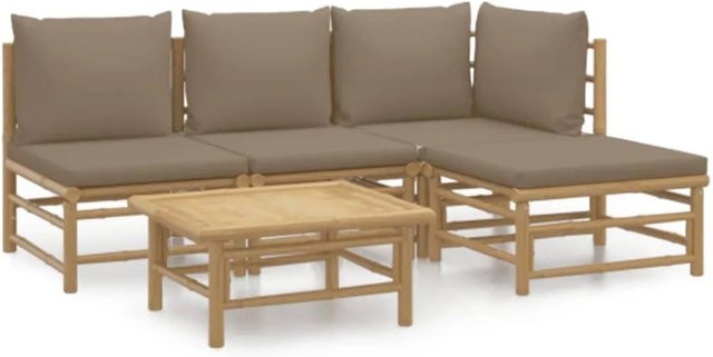 vidaXL 5-tlg Garten-Lounge-Set aus Bambus mit Kissen in Beige und Braun, L-Form mit Sofa, Eckelement, Ottoman und Couchtisch - Bild 1