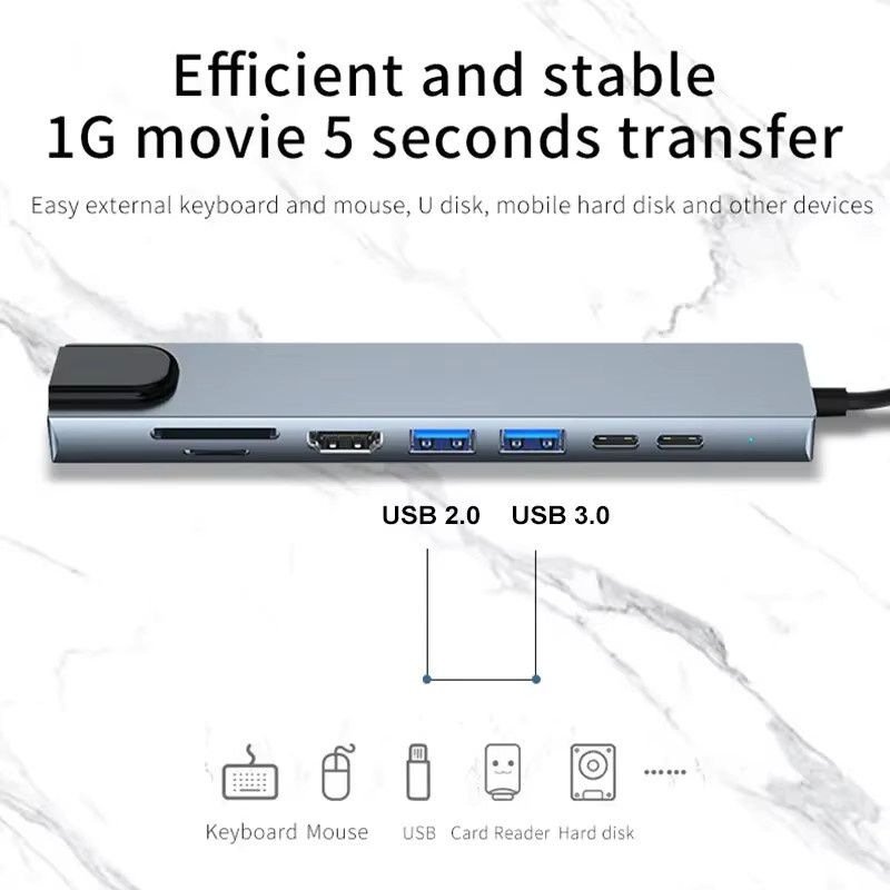 8 in 1 USB-C Hub Adapter in Silber mit 4K HD HDMI, RJ45 Ethernet, SD/TF Kartenleser und PD Schnellladefunktion für MacBook und Notebook - Bild 4