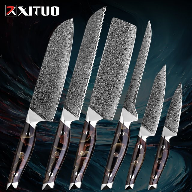 XITUO 6-teiliges Küchenmesser-Set aus Damaszener Stahl mit Kupfer-Platin-Harzgriff in Multicolour, bestehend aus Santoku-, Schäl-, Brot- und Ausbeinmessern - Bild 1