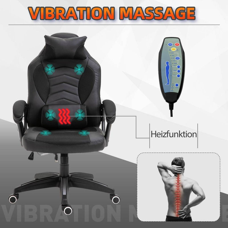 HOMCOM Gaming Stuhl in Schwarz aus Kunstleder mit Kopfstütze und 360 Grad Drehsitz, B/T/H: 68 x 49 x 117 cm - Bild 8