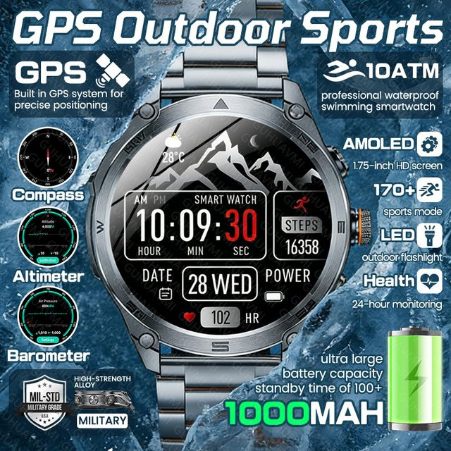 GUHUAVMI Outdoor GPS Militär-Smartwatch für Herren in Rot mit Bluetooth-Anruf, 10ATM Wasserdichtigkeit und Taschenlampe - Bild 1