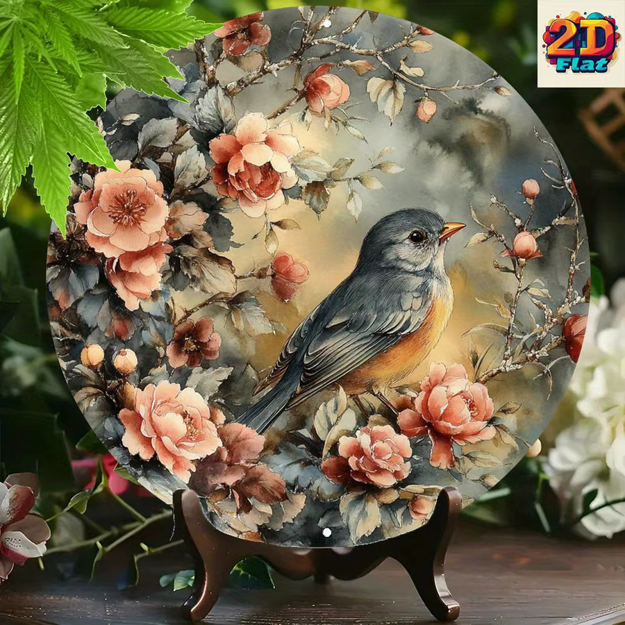 Potdemiel Vintage Wanddekoration aus Metall mit Blumen und Vögeln, Rund, Grau, Rosa und Beige, Durchmesser: 20 cm - Bild 2