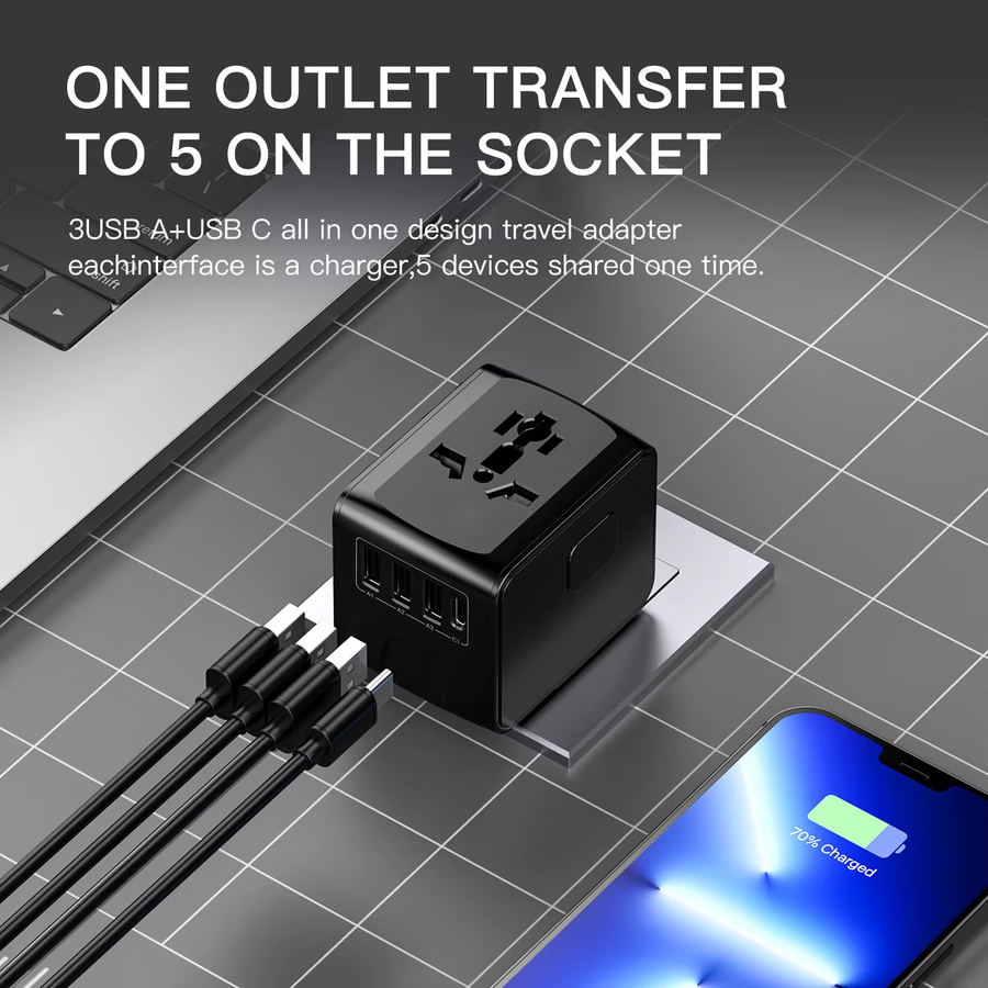 HKLAMIN Internationaler Reiseadapter mit 4 USB-Anschlüssen Typ C und USB-A Schnellladegerät für Europa, USA, UK, AU und CA in Schwarz oder Blau - Bild 2