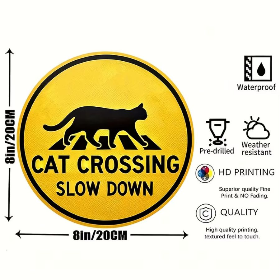 CIFBUY Cat Crossing Slow Down Retro-Metallschild, rundes Eisendekor in Gelb, Durchmesser: 20,3 cm - Bild 2