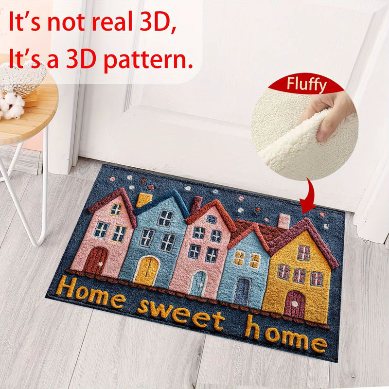 VIKAMA Plüsch-Fußmatte Sweet Home mit buntem Hausmuster, Mehrfarbig, B/T: 60 x 40 cm - Bild 4