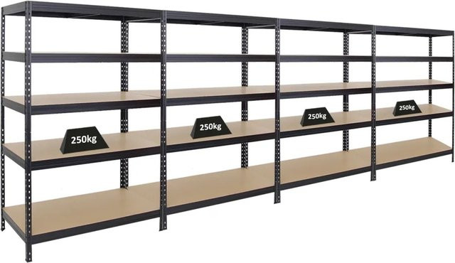 4er Set PROREGAL Schwerlastregal Rivet in Schwarz mit verstellbaren Fachböden aus MDF-Holz und Stahl, H x B x T: 180 x 120 x 60 cm - Bild 1