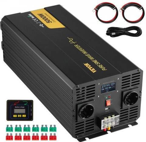 VEVOR Wechselrichter mit reiner Sinuswelle 5000 Watt, DC 12V auf AC 230V Spannungswandler mit LCD-Display, USB-Anschluss und Fernbedienung, Schwarz - Bild 1