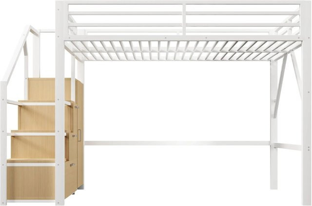 Merax Hochbett aus Metall mit Kleiderschrank, LED-Unterbettbeleuchtung und Treppe in Weiß - Bild 1