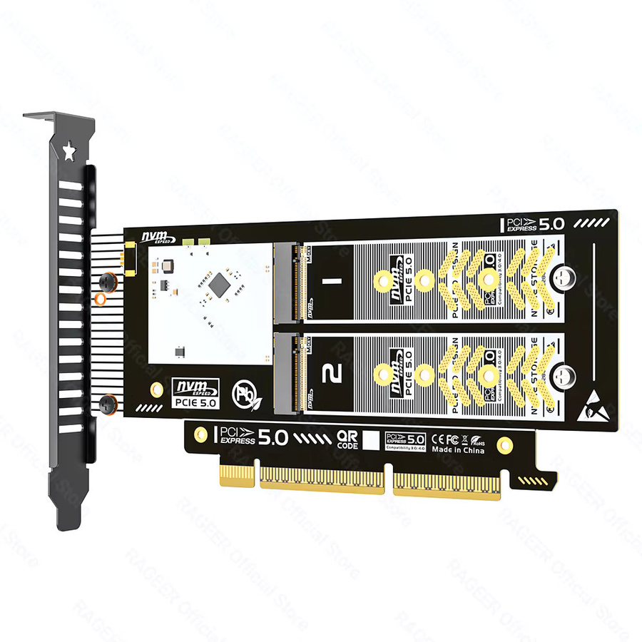 RAGEER PCIe 5.0 zu Dual M.2 NVMe X16/X8 Adapter Erweiterungs-Riser-Karte in Schwarz mit RAID 0 Unterstützung für 2280/60/42/30 SSDs - Bild 1