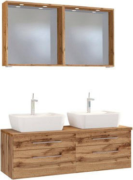 HELD MÖBEL Doppel-Waschtisch-Set DAVOS in Braun und Weiß, 9-teilig mit LED-Beleuchtung und Soft-Close-Türen, B/T/H: 120 x 47 x 64 cm - Bild 1