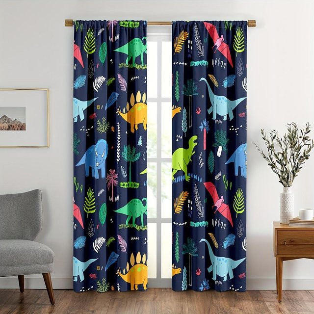 2er-Set Kinder Fenstervorhänge mit Dinosaurier-Design, halbtransparent, Mehrfarbig, B: 150 cm, H: 166 cm - Bild 1