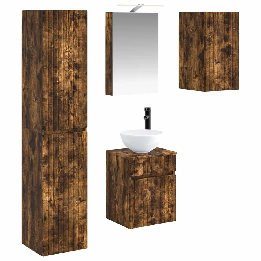 vidaXL Badezimmerschrank-Set aus Holz in Geräucherte Eiche, 5-teiliges modernes Set mit Waschtischunterschrank, Spiegelschrank mit LED-Beleuchtung und Wandunterschränken, Braun Matt - Bild 2