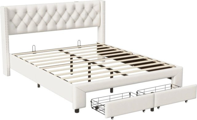 PXloue Doppelbett mit Schubladen und USB-Ladeport aus Samt und Metall, Beige, B/T/H: 160 x 200 x 172 cm - Bild 1