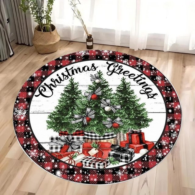 Eleganter runder Weihnachtsteppich mit Karomuster, Weihnachtsstern und Lebkuchenhaus in Rot, Grün und Gold für dein Schlafzimmer - Bild 1