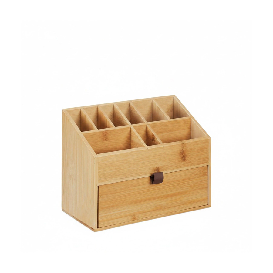 Relaxdays Kosmetik Organizer aus Bambus in Natur Dunkelbraun mit 9 Fächern und Schublade, B: 25,5 cm, T: 19 cm, H: 12,5 cm - Bild 2